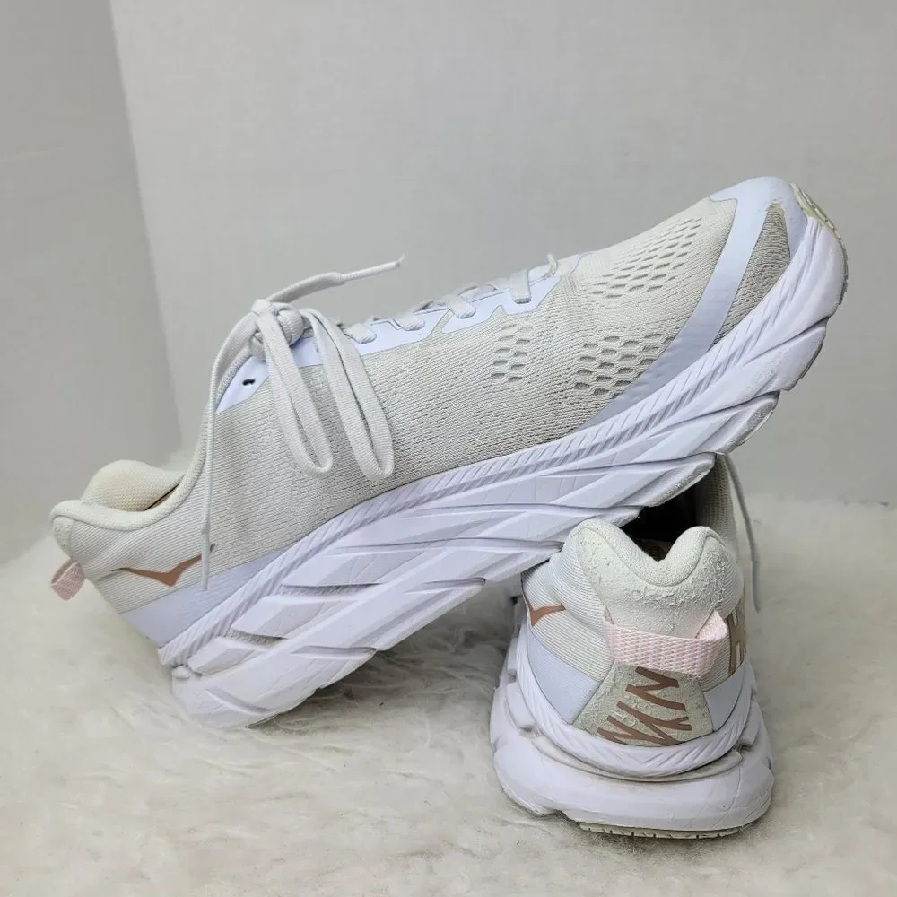 Hoka One One Clifton 6 White & Gold Rose Running Sneakers Shoes Size 11